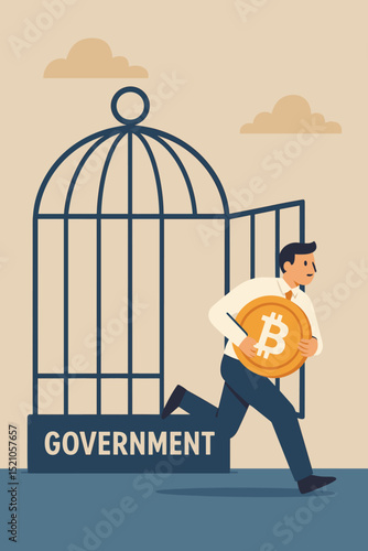 Bitcoin flight to freedom: Man with BTC coin escapes government cage. Cryptocurrency revolution against state control. Decentralized finance, monetary liberty, investor breaking free.