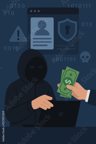 Dark Web Hacker Deal: Cyber Crime, Online Fraud, Data Breach. Anonymous Criminal Buying Stolen Information. Internet Security Concept. Digital Piracy and Cyber Attack.