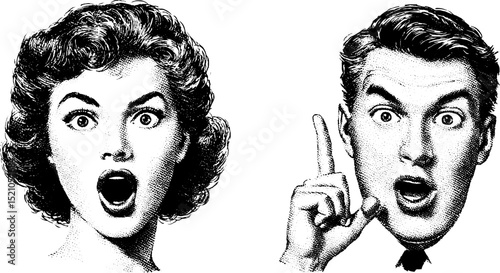 Vintage engraved illustration set featuring surprised expressions of a woman and man