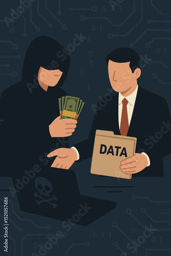Dark Web Data Trade: Hacker in Hoodie Sells Stolen Data for Cash. Cybercrime, Data Breach, Illegal Deal, Online Theft, Ransomware, Digital Security, Internet Crime.