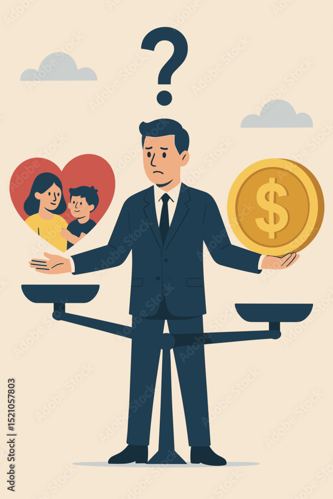 Work-life balance vector concept. Businessman on scales weighing family love in heart against career money coin. Difficult choice, life priorities, job stress, personal decision illustration. Work-life balance vector concept. Businessman on scales weighing family love in heart against career money coin. Difficult choice, life priorities, job stress, personal decision illustration.