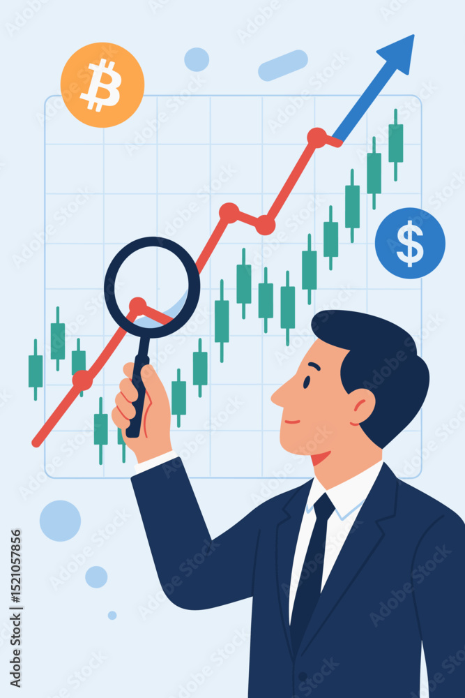 Market trends investigation. Businessman with magnifying glass analyzing stock exchange chart, candlestick graph, Bitcoin, Dollar. Financial growth, investment strategy, data analysis concept. Market trends investigation. Businessman with magnifying glass analyzing stock exchange chart, candlestick graph, Bitcoin, Dollar. Financial growth, investment strategy, data analysis concept.