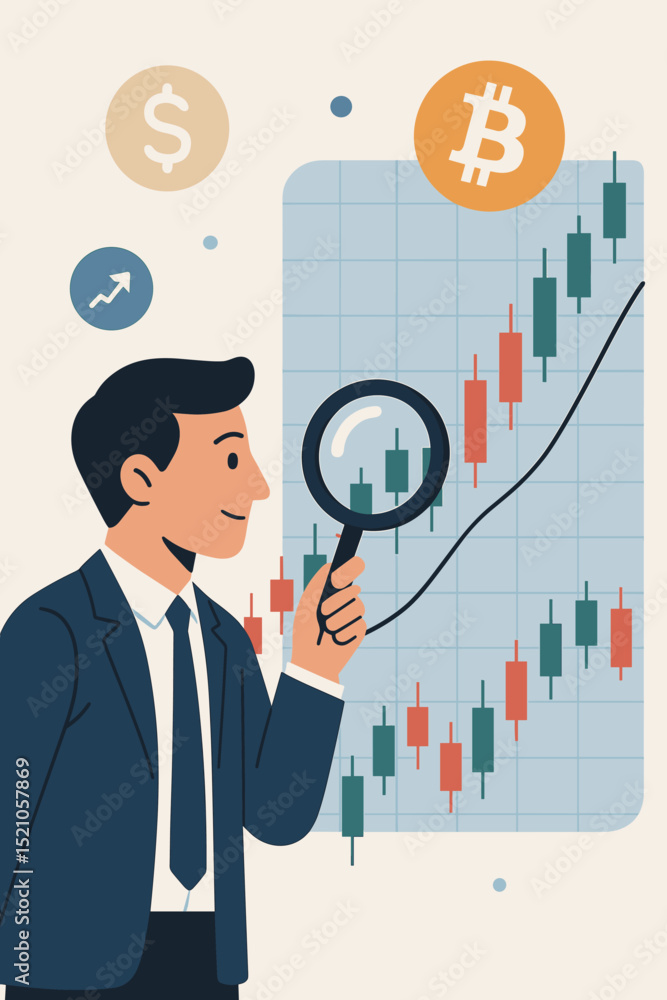Financial analyst examining stock market and Bitcoin trends with magnifying glass. Business investment strategy, cryptocurrency data research, upward financial growth chart vector illustration. Financial analyst examining stock market and Bitcoin trends with magnifying glass. Business investment strategy, cryptocurrency data research, upward financial growth chart vector illustration.