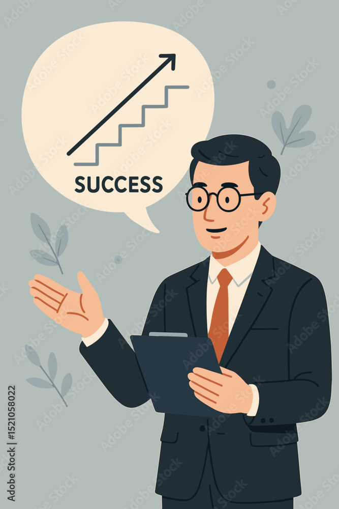 Successful business consultant leading a presentation on growth and achievement. Man in suit with glasses and clipboard. Speech bubble with upward trending graph, steps to success concept. Successful business consultant leading a presentation on growth and achievement. Man in suit with glasses and clipboard. Speech bubble with upward trending graph, steps to success concept.