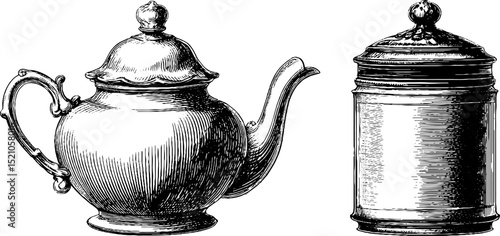 Vintage engraving of teapot and strainer for kitchen decor or gift design