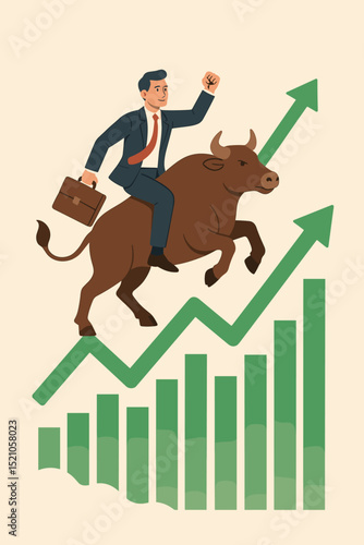 Bull market concept. Businessman riding a bull on an upward trending stock chart. Financial growth, investment success, stock exchange trading, economic boom. Investor profit, finance metaphor.