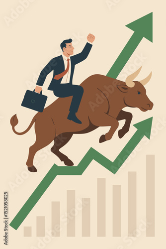 Bull market concept: Optimistic businessman riding a powerful bull along a green upward arrow graph, symbolizing stock market growth, investment success, financial profit, and economic boom.
