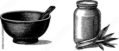 Engraved illustrations of thai curry bowl and cane jar for culinary design