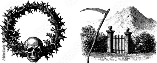 Engraved gothic thorned wreath with skull and grim reaper scythe set