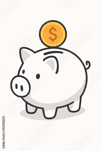 White piggy bank saving money concept with dollar coin. Cute cartoon vector illustration for finance, investment, banking, budget planning, financial literacy, and wealth accumulation.