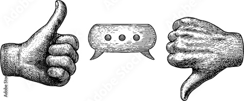 Vintage engraved illustration of thumbs up and down for communication themes