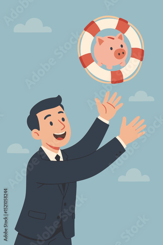 Businessman financial rescue concept. Man in suit reaching for piggy bank in lifebuoy. Symbol of savings, investment, security, economic support, help, crisis solution, future planning.