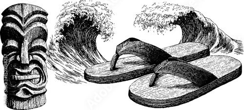 Engraved tiki mask with ocean waves and sandals design for artistic and cultural projects