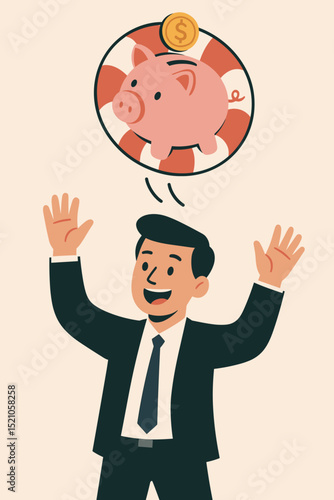 Financial Lifeline Metaphor: Businessman seeks rescue with piggy bank and dollar in lifebuoy. Symbolizes savings, investment, economic support, bailout, security, and business financial aid.