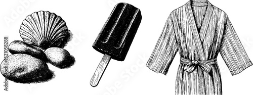 Engraved illustration of tide pool stones and sea shell with popsicle and bathrobe