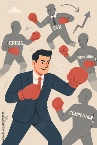Businessman fighting business challenges. Boxer in suit confronts crisis, tax, competition. Metaphor for resilience, determination, overcoming adversity, financial struggle, corporate battle.