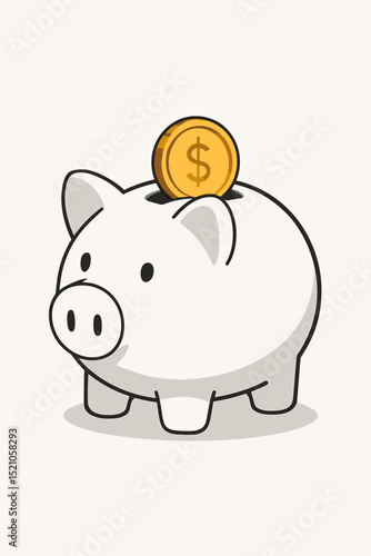 White piggy bank with gold dollar coin vector illustration. Financial savings concept. Money saving, investment, and budget planning icon. Cute cartoon pig moneybox for personal finance.