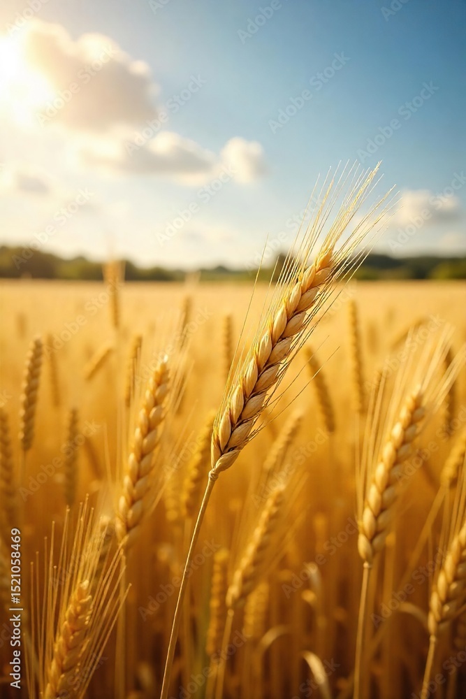 Fototapeta premium Golden barley stalks sway gently in a vast wheatfield under a summer sun The ripe grain heads are heavy, promising a bountiful harvest A picturesque rural landscape scene , crop, cereal