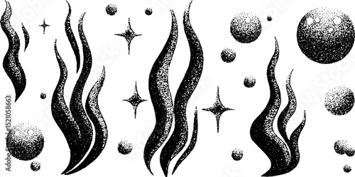 Intricate engraved illustration of twisting flames and spheres for design inspiration