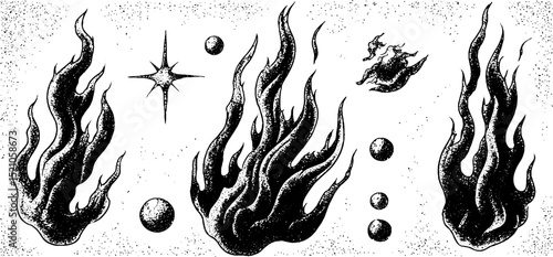 Engraved illustration set of twisting flames and celestial elements for design projects