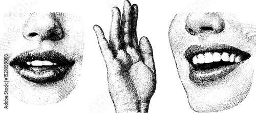 Vintage engraved set of winking lips and smile with hand gesture for design