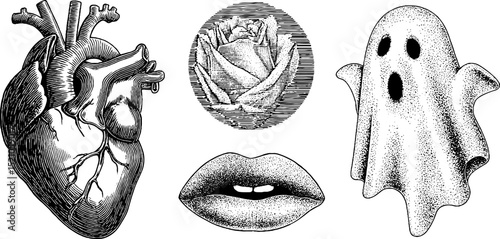 Engraved art collection featuring wired heart and glitched elements for unique design
