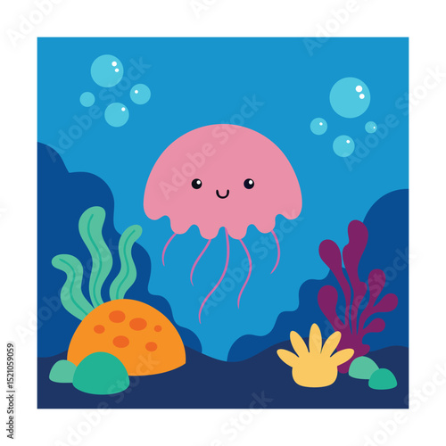 Cartoon Underwater Scene With Jellyfish And Coral