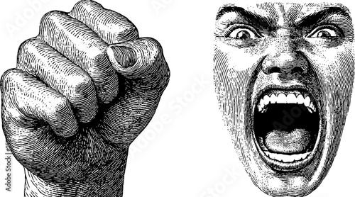 Engraved yelling face and fist illustration for emotional expression and design