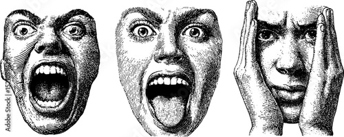 Expressive engraving illustrations of yelling and surprised faces for artistic poster design