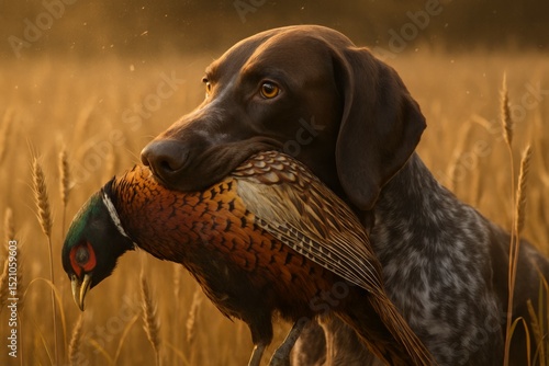 German shorthaired pointer hunting dog holding colorful pheasant bird in golden wheat field during warm sunset light outdoors