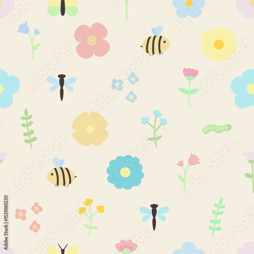 Vector seamless pattern with bees, flowers, dragonflies, butterflies. For birthday or party invitation, baby shower, fabric, textile and linen, print clothes and pajamas, gift and wrapping paper.