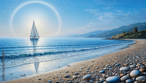 Sailing boat in calm mood on tranquil beach scenery with beautiful sunlight
