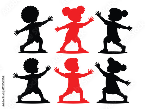 Set of silhouettes Happy Kids dancing vector illustration. Silhouettes of Dancing Children with Afro and Buns in Playful Poses, children silhouettes set