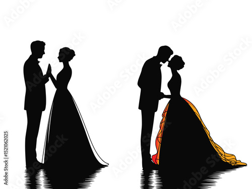 Silhouettes of couples getting married and wearing very beautiful wedding dresses, Silhouettes of brides and grooms