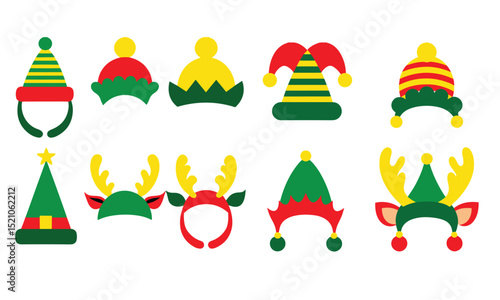 Set christmas santa hat in flat style isolated