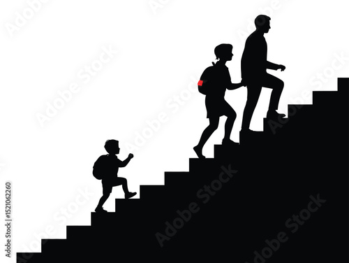 Silhouette of businessman climbing ladder with his family, business people standing on stairs
