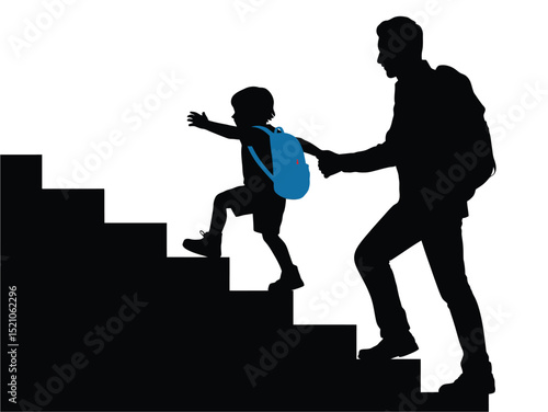 Silhouette of father and son climbing stairs, Silhouette of a child climbing ladder