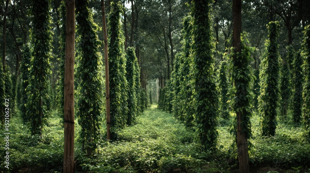 Fototapeta premium Lush green forest with tall trees and overcast lighting