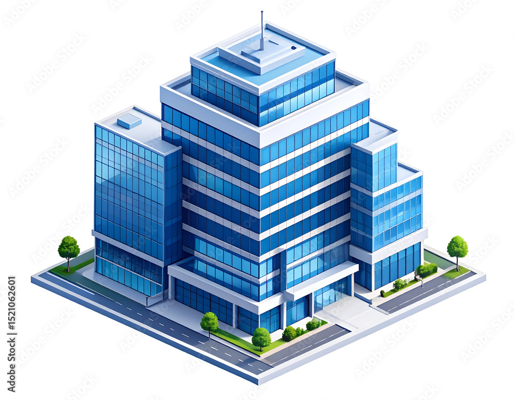 Modern glass skyscraper complex, city street view Modern glass skyscraper complex, city street view