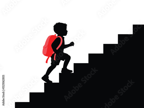Silhouette of a child climbing stairs with a backpack on his back, A child climbing a ladder silhouette design vector art