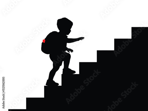 A child climbing a ladder silhouette design vector art, Silhouette of a child climbing stairs with a backpack on his back