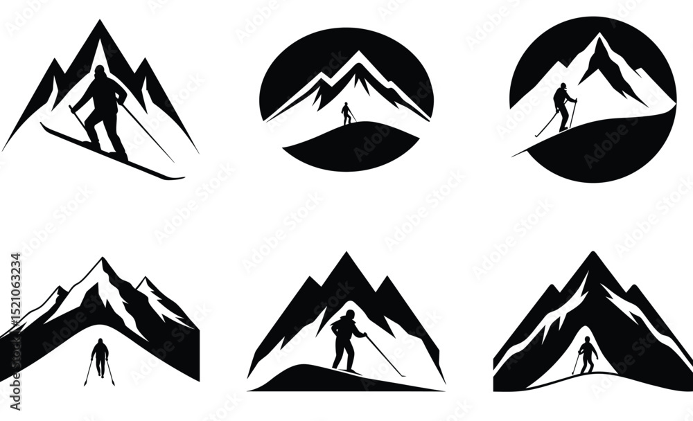 Fototapeta premium Skier Skiing Fast Silhouette Set – High-Speed Winter Sports Vector Clipart Featuring Dynamic Downhill Poses, Snow Action, Athletic Motion for Cold Season Designs