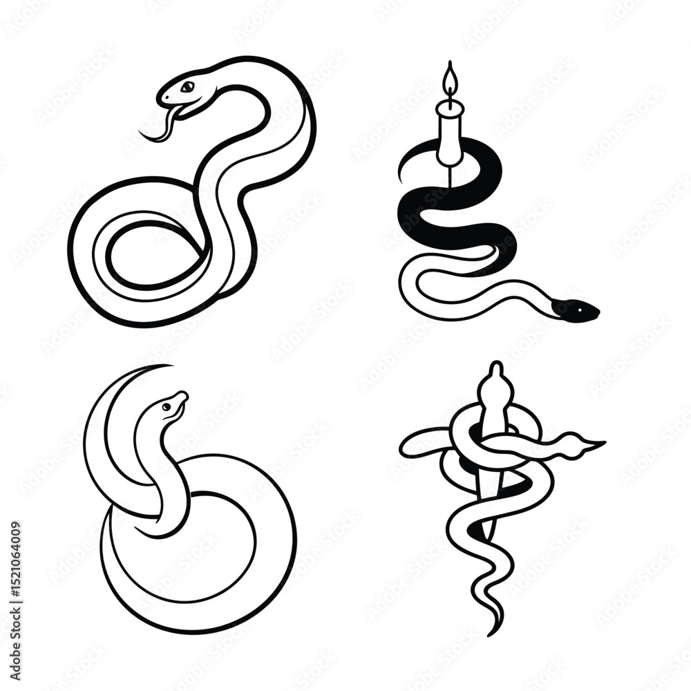 Fototapeta premium A collection of four unique snake illustrations, each with distinct styles and poses.