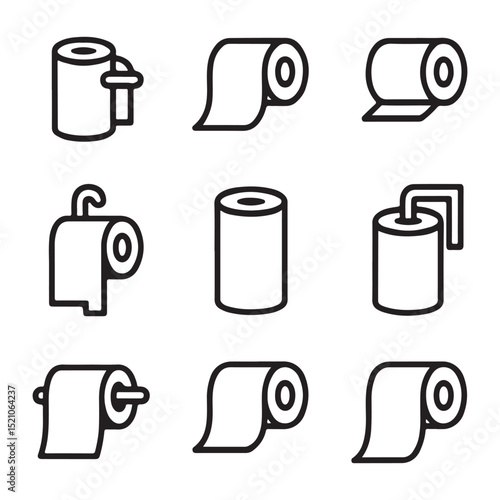 Paper Towel Icon Set Collection. Simple Line Art Illustrations of Toilet Paper Rolls and Holders
