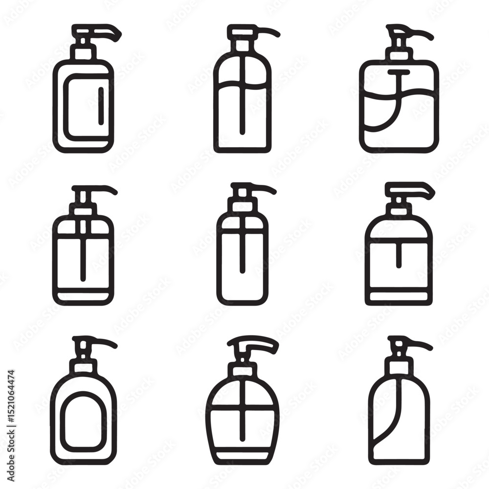 Fototapeta premium Soap Dispenser Icon Set Collection. Simple Line Art of Various Pump Bottles for Cleaning Products 