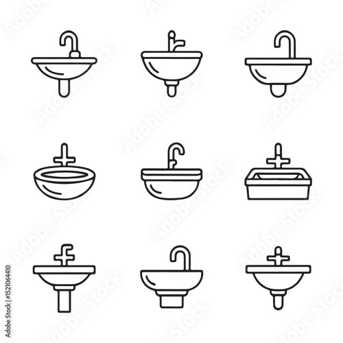 Sink Icon Set for Kitchen. Vector Illustration of Different Bathroom Sink Styles
