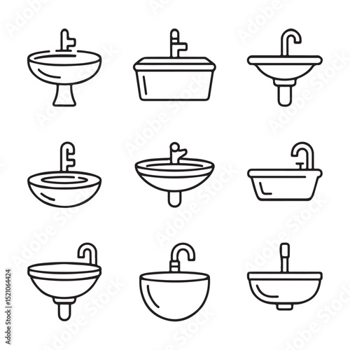 Sink Icon Set for Kitchen. Vector Illustration of Different Bathroom Sink Styles
