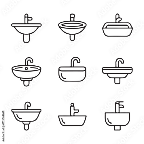Sink Icon Set for Kitchen. Vector Illustration of Different Bathroom Sink Styles
