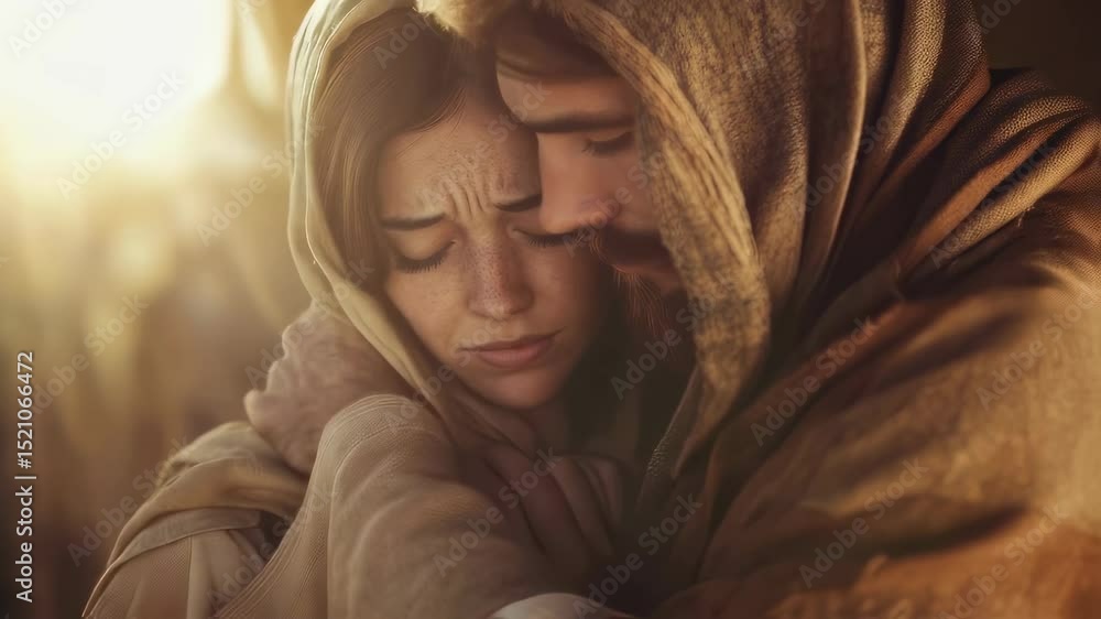 Jesus Christ comforting a crying woman. Biblical scene of compassion ...