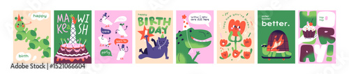 Designs of Birthday greeting cards set. Templates of festive postcard with congratulations for Bday. Layouts for anniversary party with cute characters and comic phrases. Flat vector illustrations